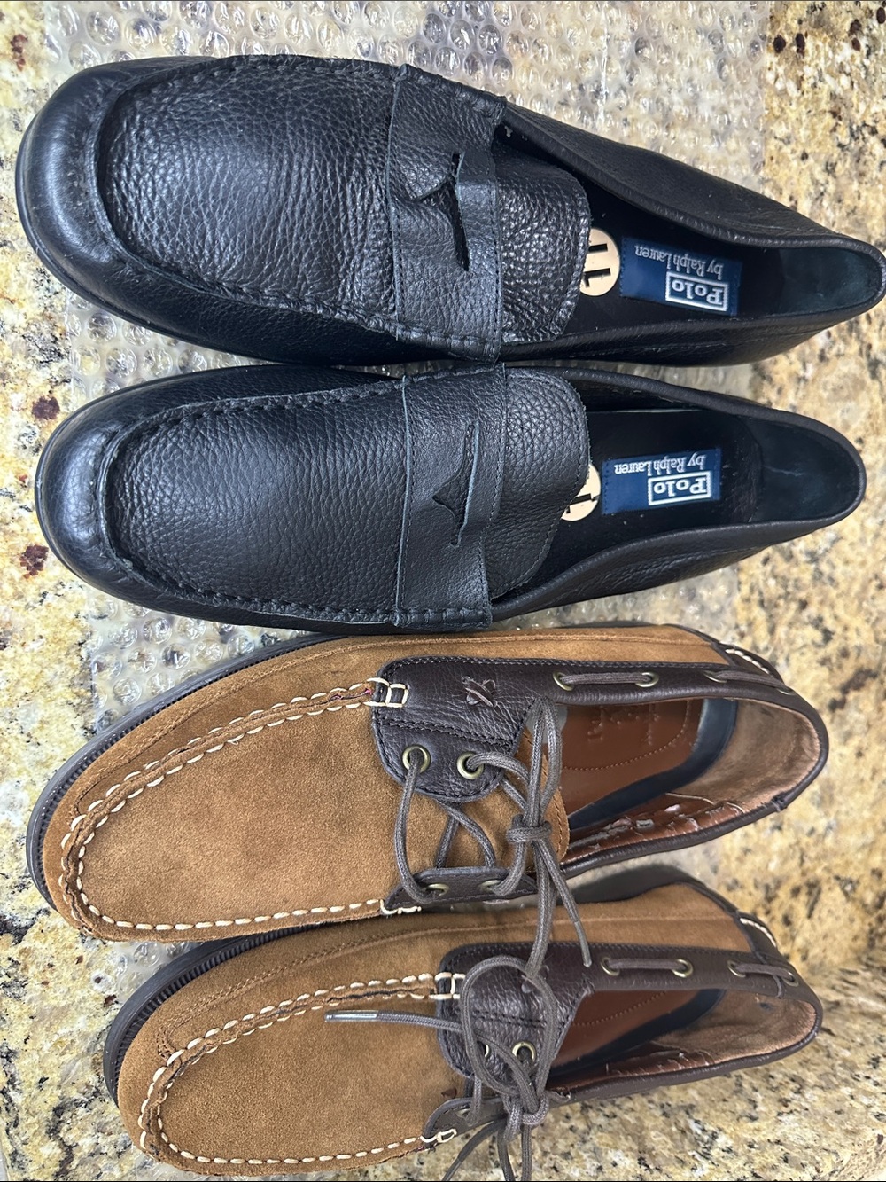 Polo by Ralph Lauren Black Leather Penny Loafers & Brown Suede Boat Shoes. Both